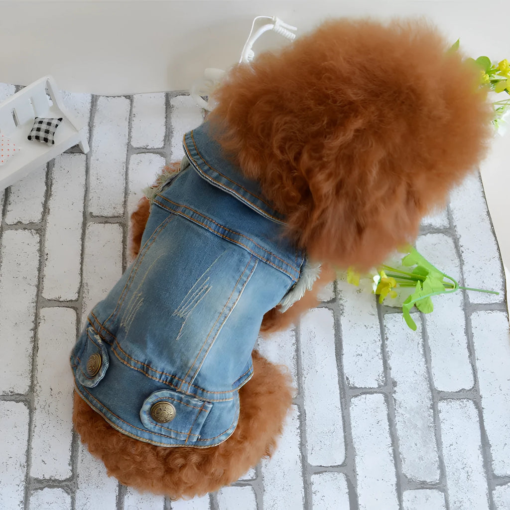 Retro scratch pattern denim dog vest in dark and light wash colours for autumn winter wear