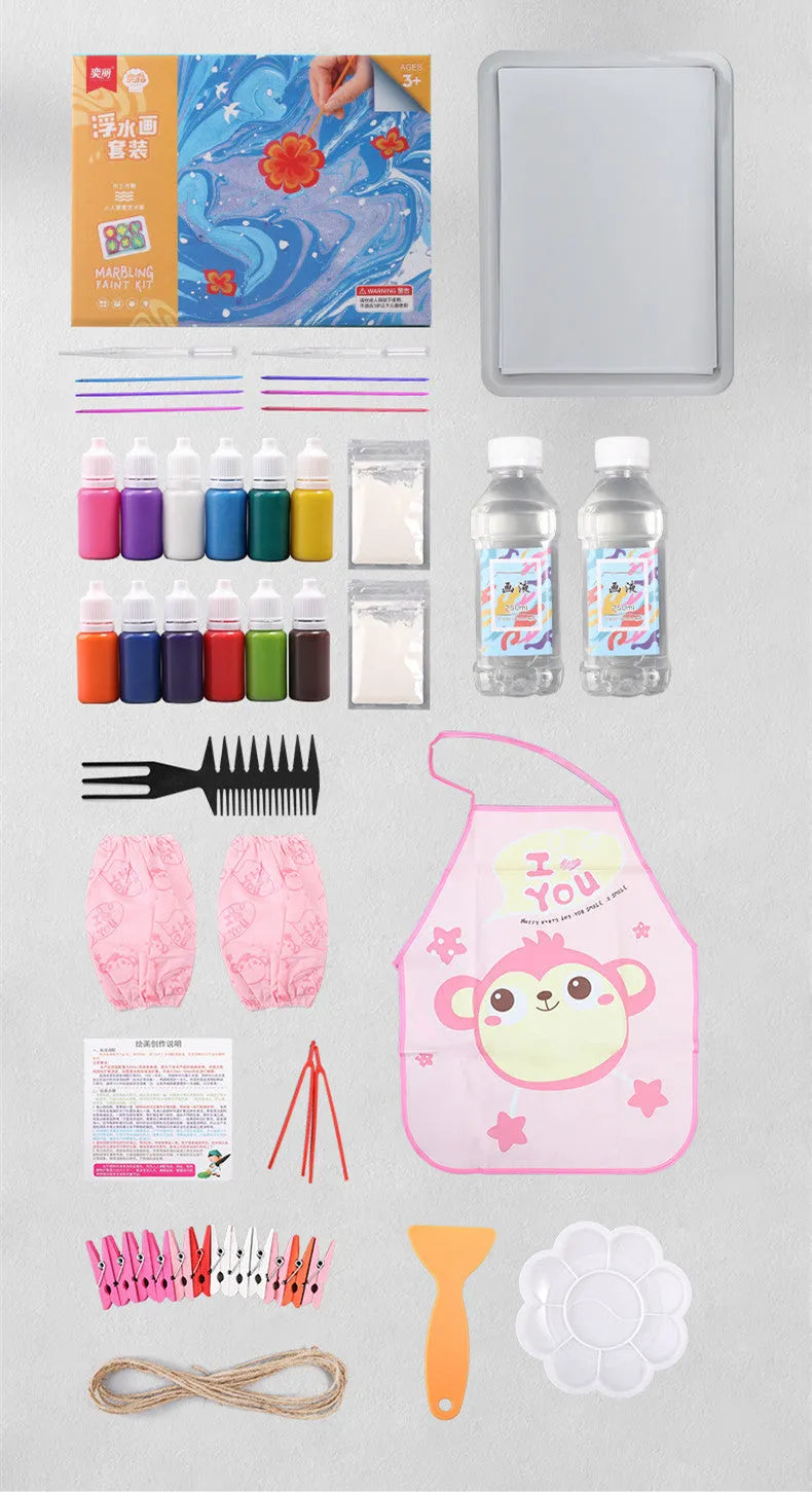 Hand painted doodle educational toy kit with gouache paints, drawing paper, and floating painting materials