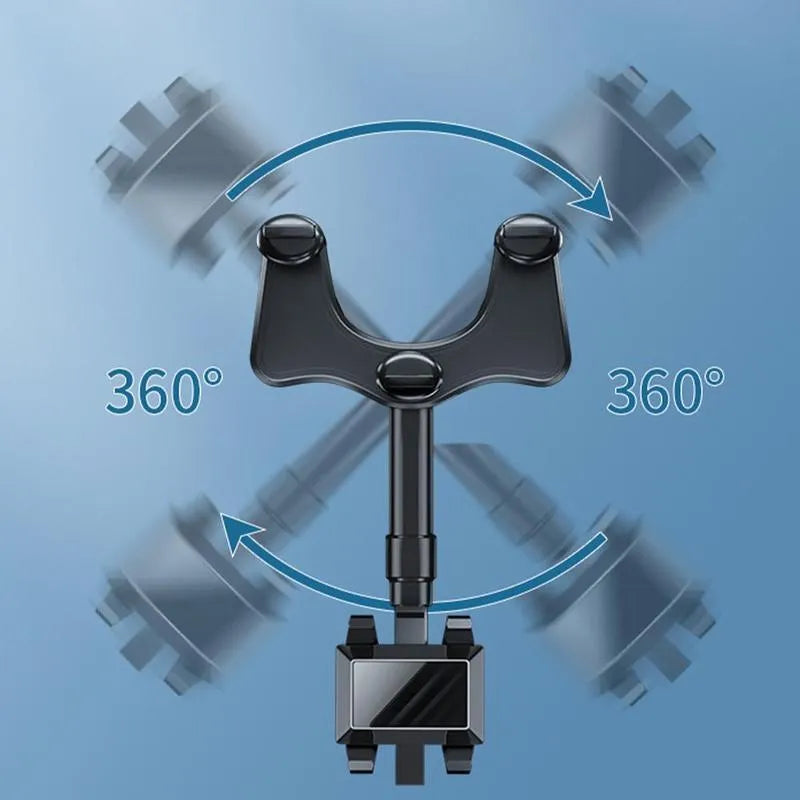 Black rearview mirror car phone holder with telescopic arm and rotating phone clamp.