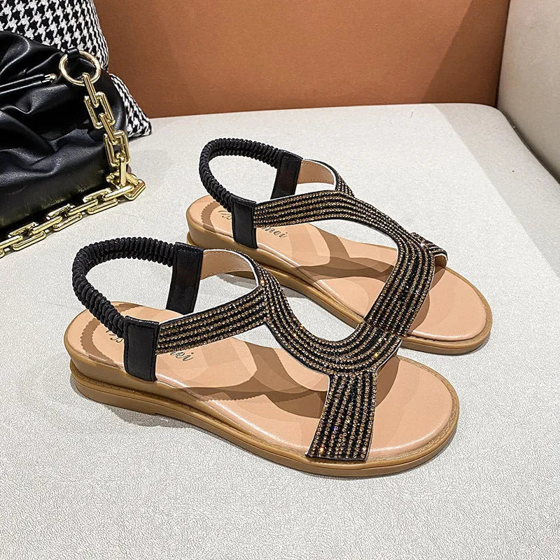 Gold patent leather women's sandals with rhinestones and round toe
