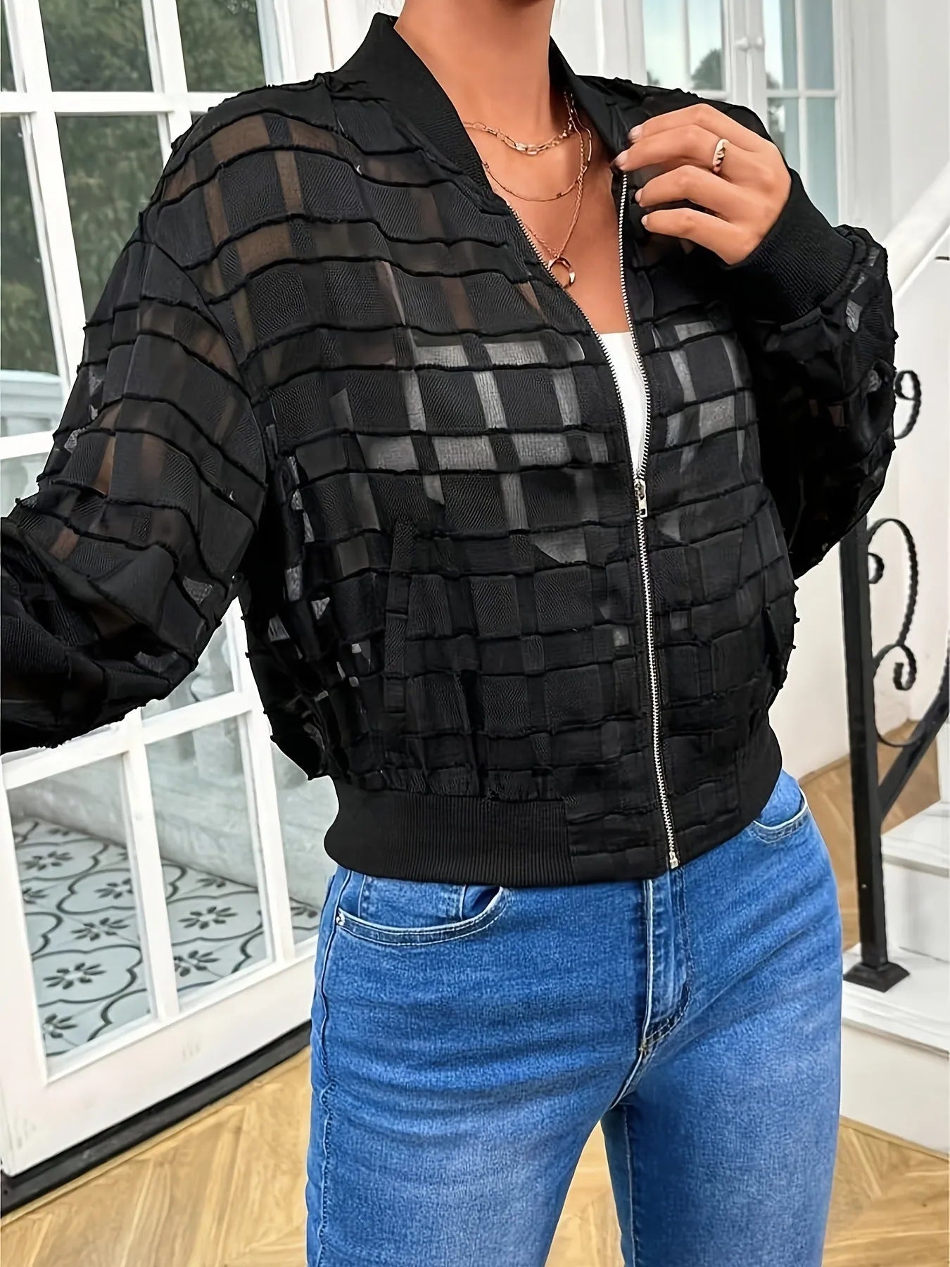 Women's black geometric pattern semi-transparent thread casual jacket with zipper