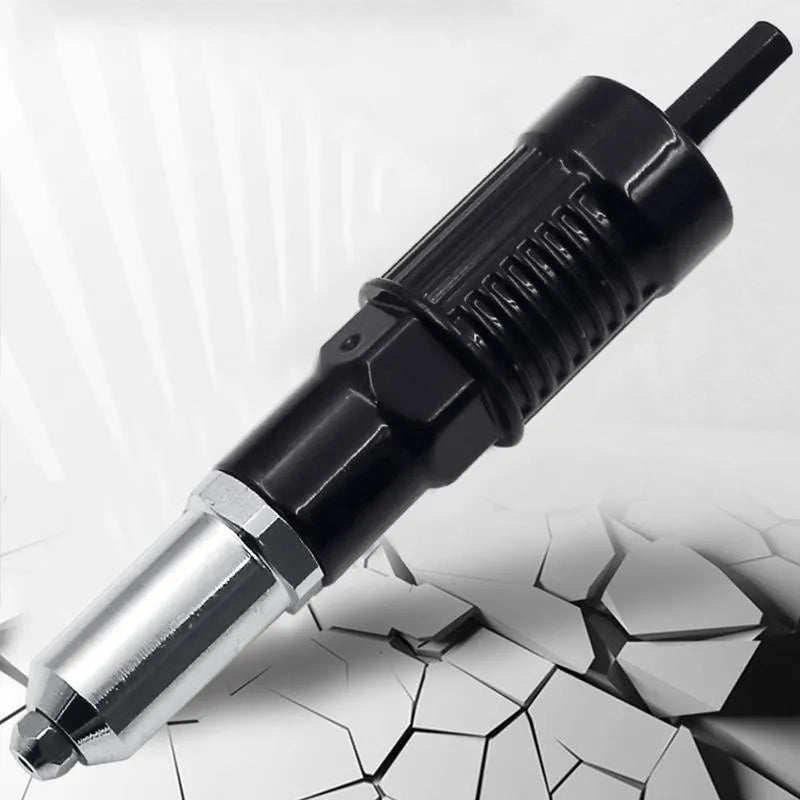 Alloy steel electric drill rivet gun adapter with four rivet heads, a handle, and a wrench.