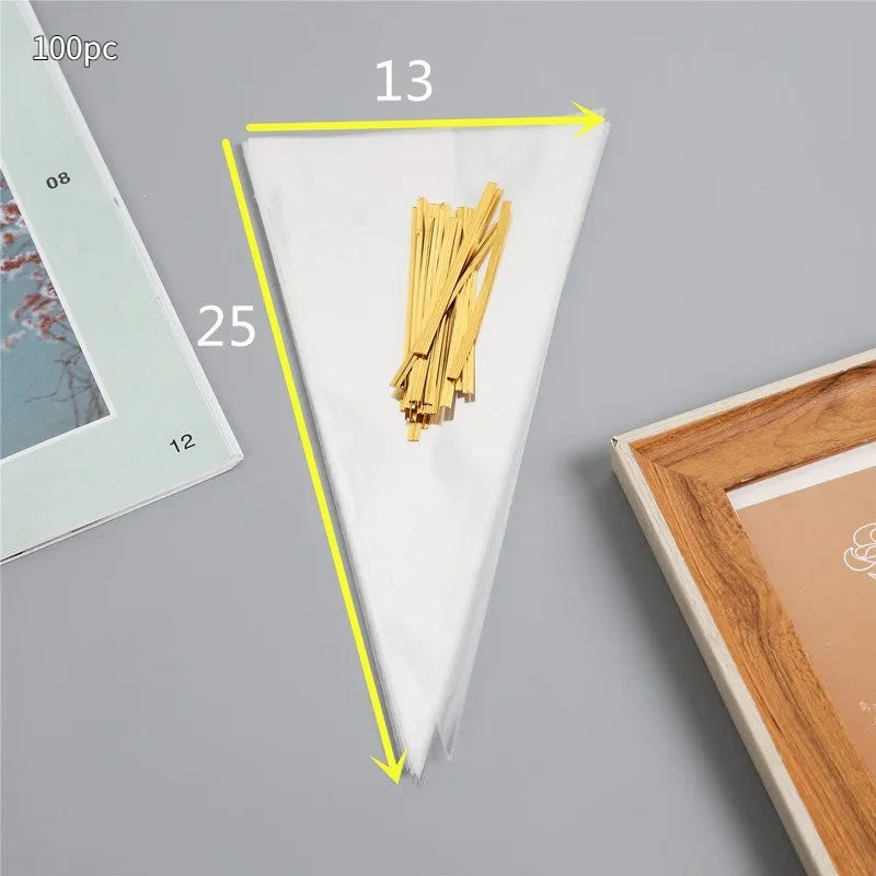 Clear triangle plastic packaging bag with a twisted wire tie closure on a white background.