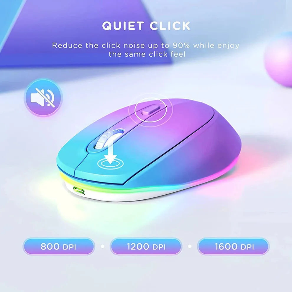 Rechargeable wireless mouse showing ergonomic shape, USB charging cable, and compact 108mm length design