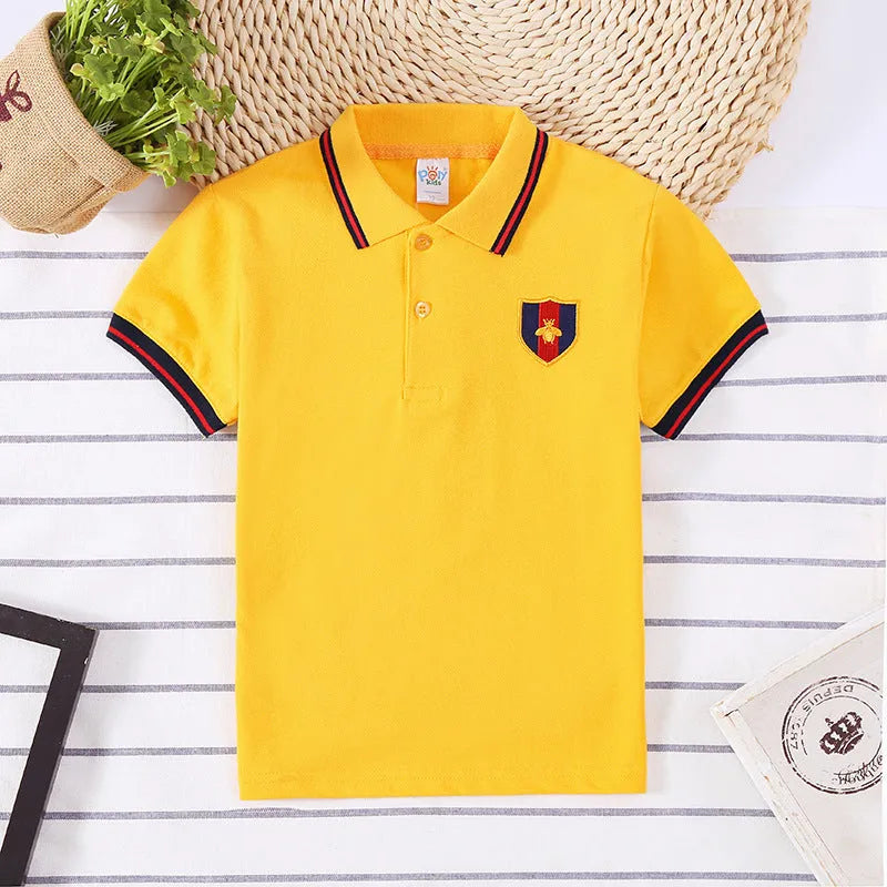 Boys' red short-sleeve polo shirt with lapel collar for children aged 3-8 years.