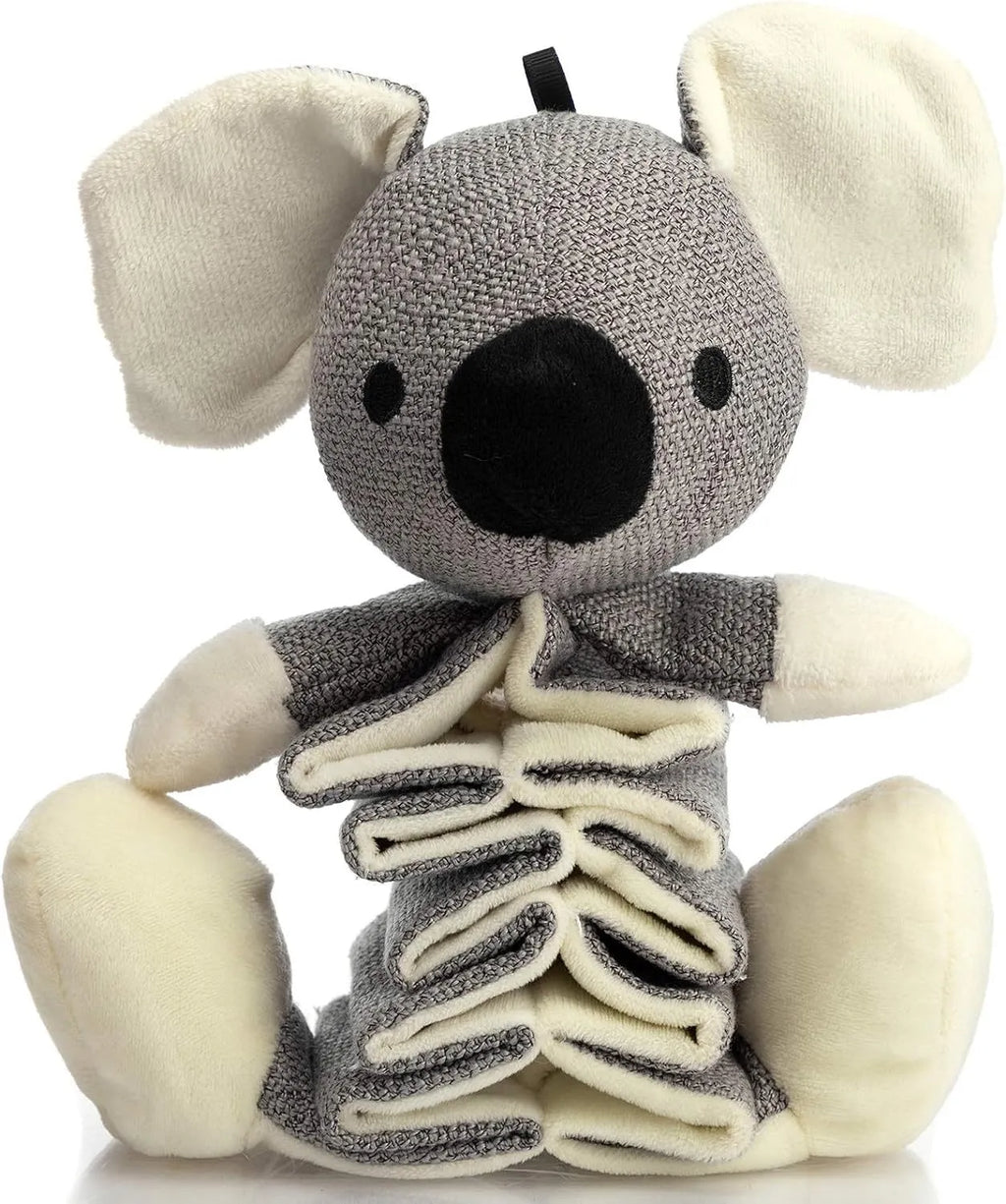 Grey koala dog toy measuring 30cm with crinkle paper inside and rope through body