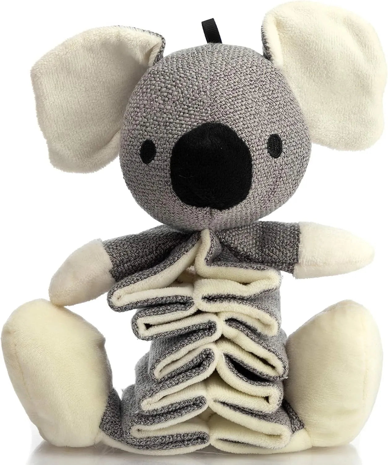Grey koala dog toy measuring 30cm with crinkle paper inside and rope through body