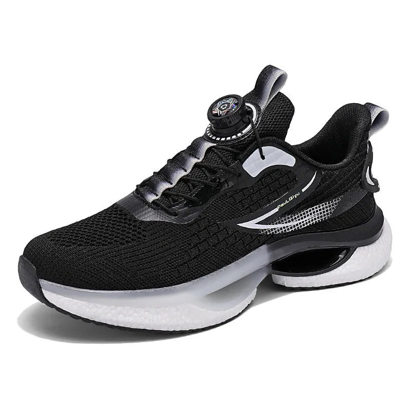 Men's beige Korean style running shoes with rotating button closure on a grey background.