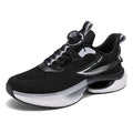 Men's beige Korean style running shoes with rotating button closure on a grey background.