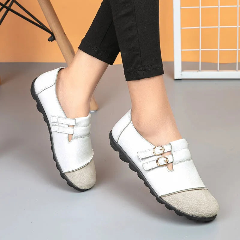 Button plus size casual low-top flat shoes with Velcro strap in six colour options.