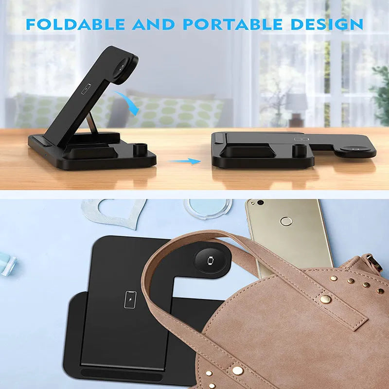 Black Four-in-One wireless charging stand for mobile phones with QC3.0 charging head.