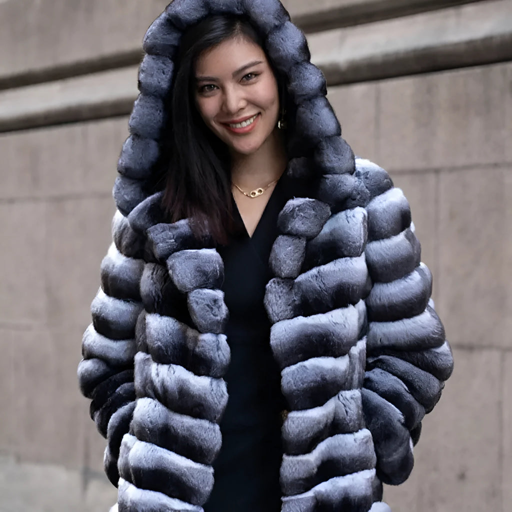Women's zebra stripe artificial mink overcoat with mid-length cut and regular sleeves