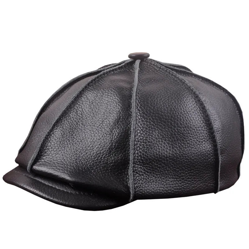 Brown cowhide leather dome crown peak cap with brim for winter outdoor leisure