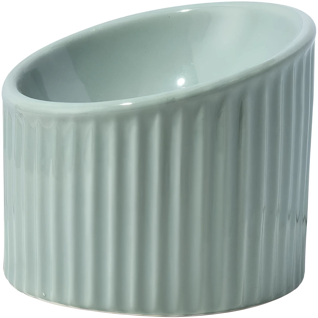 Dark green, light green or yellow ceramic elevated cat bowl with tilted round shape on raised base