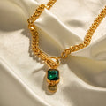 Gold electroplated titanium steel pendant necklace with emerald zircon stone in geometric round shape