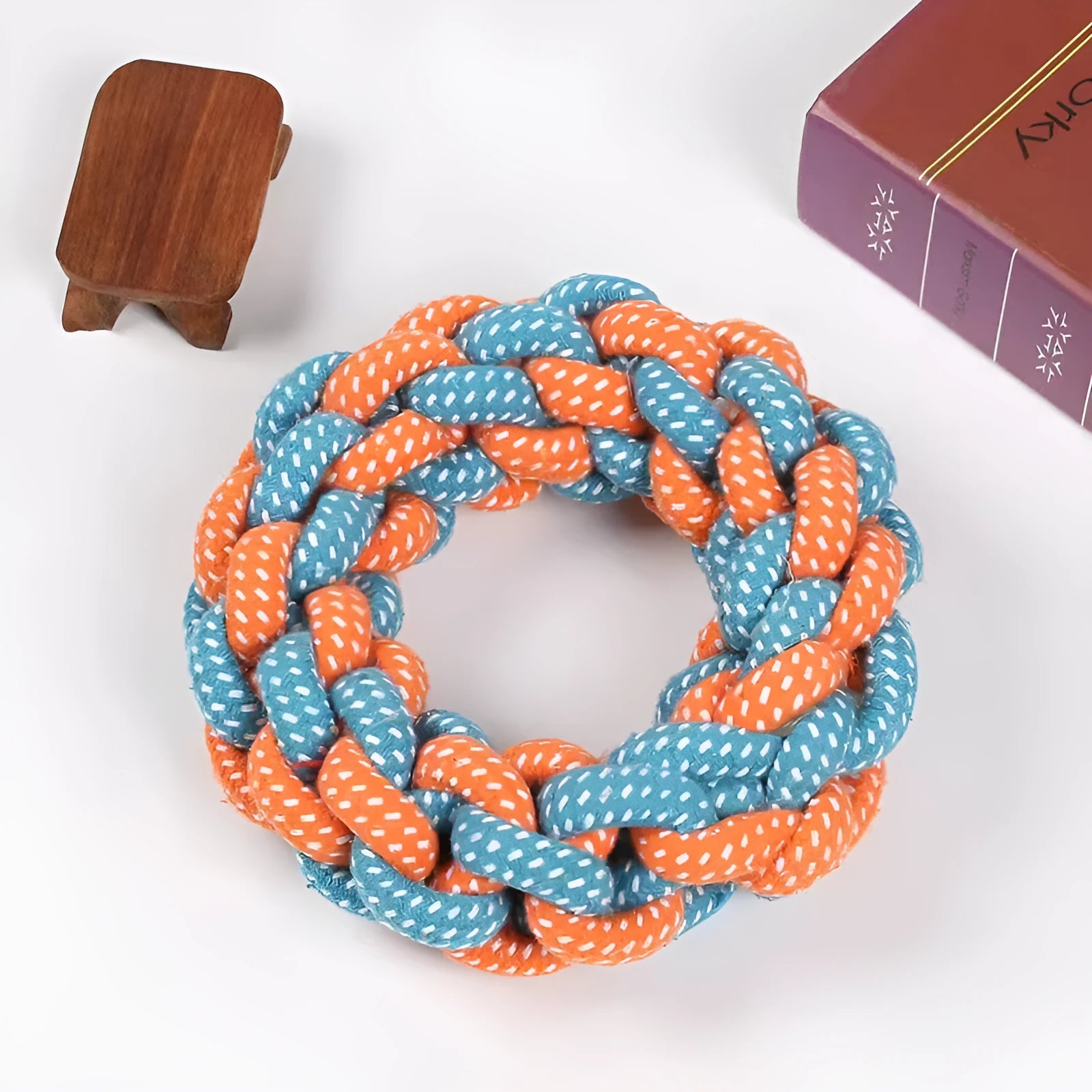 Cotton string braided ring dog toy with knotted design measuring approximately 18cm