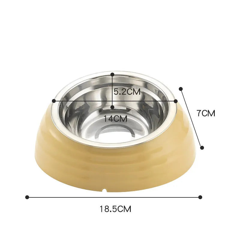 Stainless steel cat bowl with weighted plastic base in choice of beige, brown, or light green