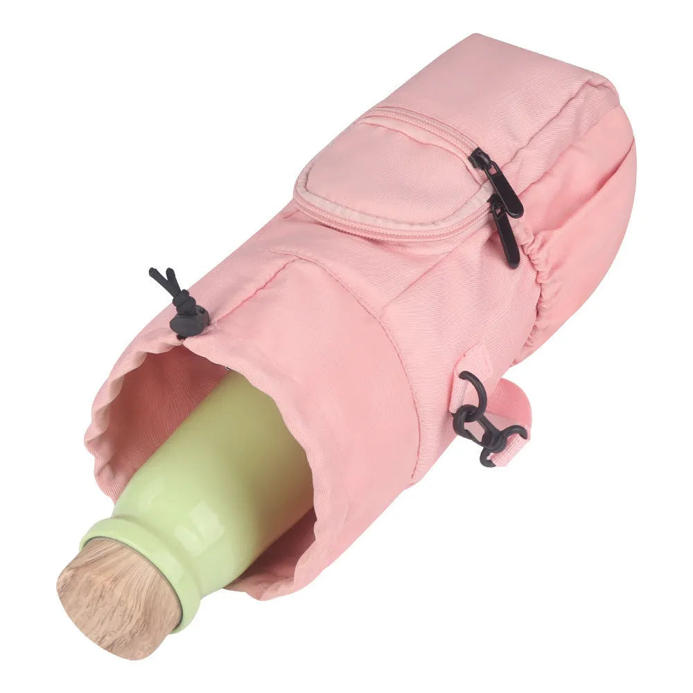 Canvas water bottle pouch with elastic drawstring closure showing black, green, and pink colour options