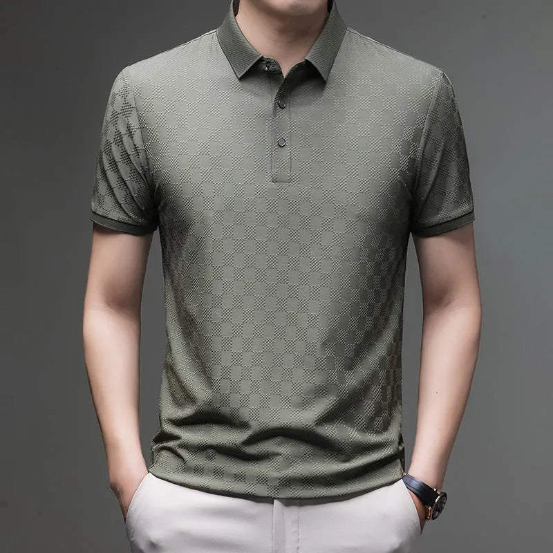 Rhombus brand thin ice silk short sleeve T-shirt for men in black, showing slit hem detail.