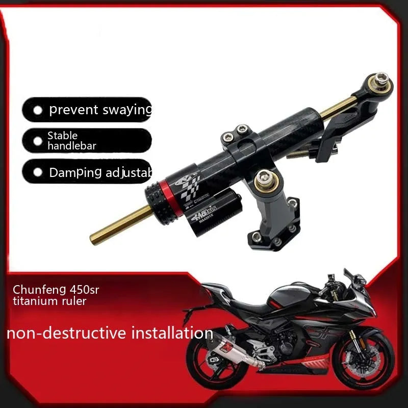 Titanium directional damper bracket for CFMOTO 450SR/SRS motorcycle with carbon fibre aluminium body and adjustment gear.
