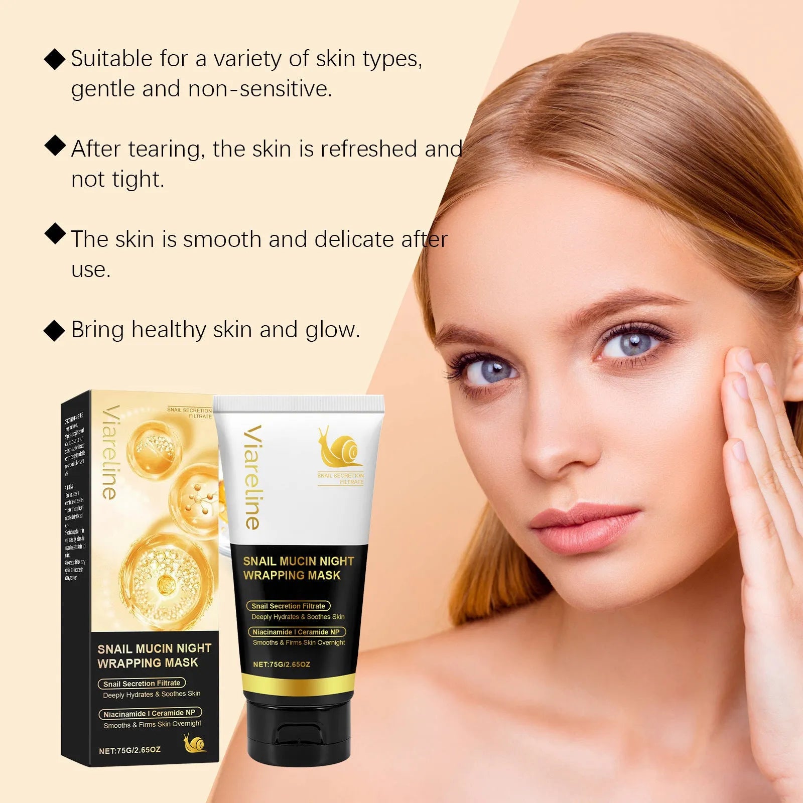 Single 75g snail mucus nourishing sheet face mask with collagen and niacinamide.