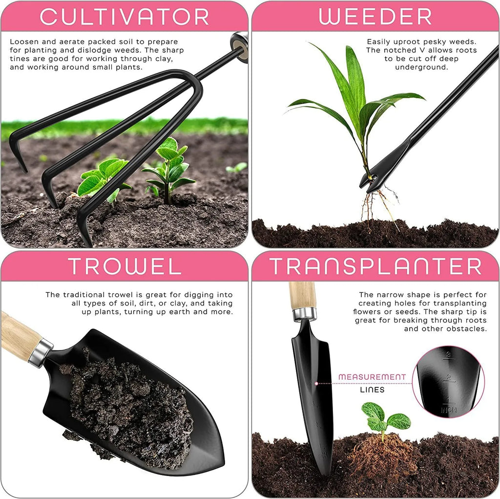 Eight-piece stainless steel gardening tool set with trowel, fork, cultivator and weeder.