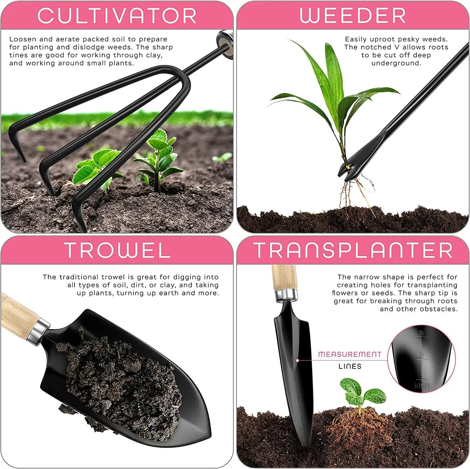 Eight-piece stainless steel gardening tool set with trowel, fork, cultivator and weeder.
