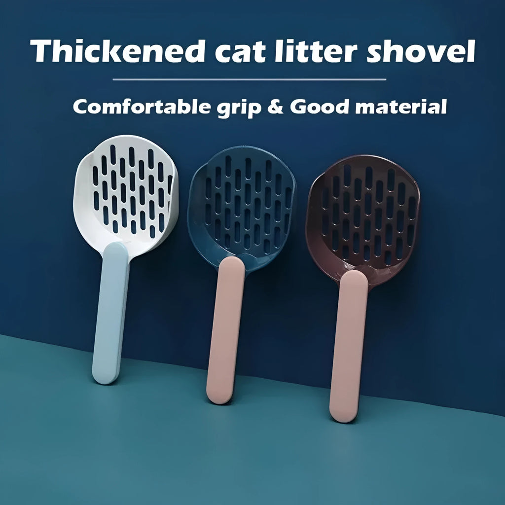 A blue plastic cat litter scoop with sifting holes on a white background.