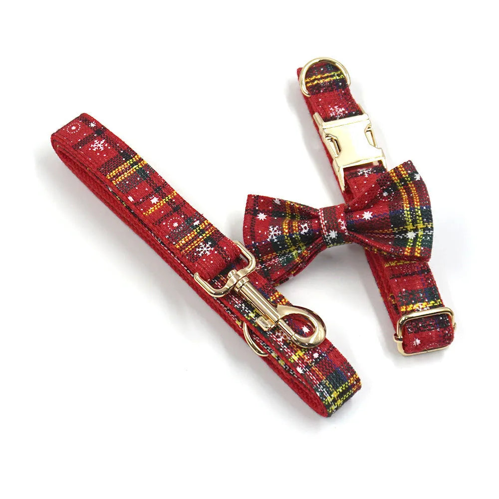 Red Christmas pet accessory set with collar, leash, bow, harness, and waste bag with laser cut decoration