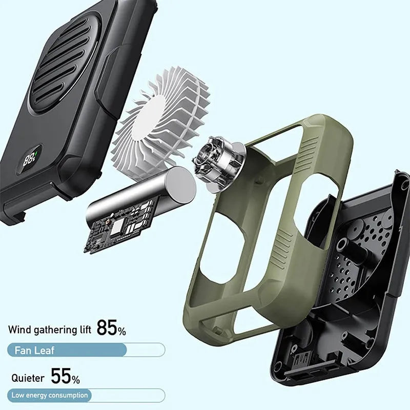 Green portable hanging neck fan for outdoor sports with USB charging cable.