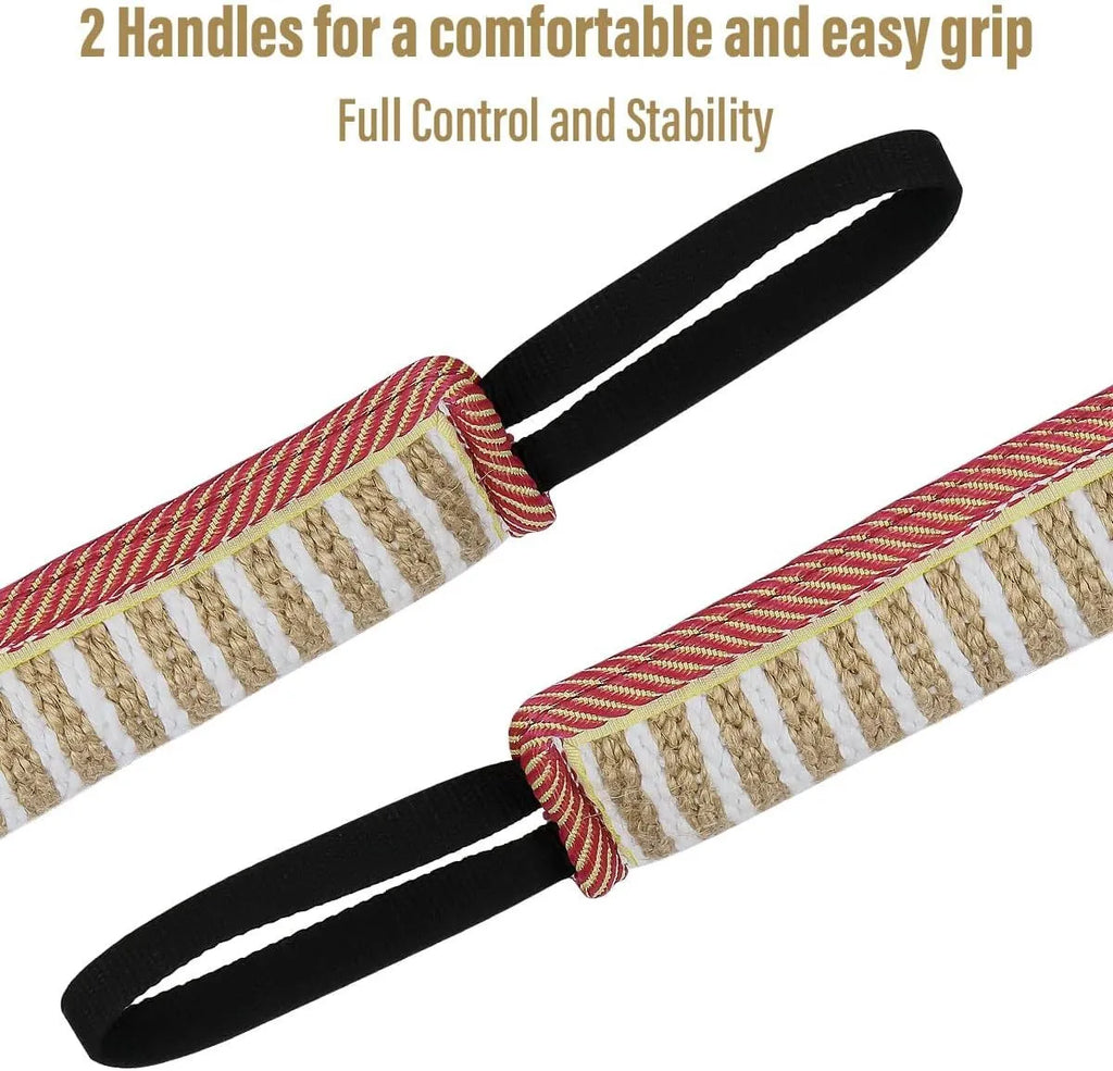 Beige and pink jute dog tug toy with two fabric handles on a white background.