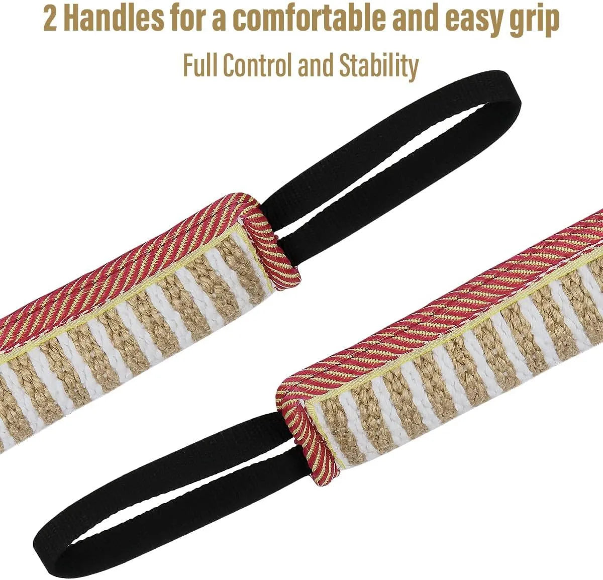 Beige and pink jute dog tug toy with two fabric handles on a white background.