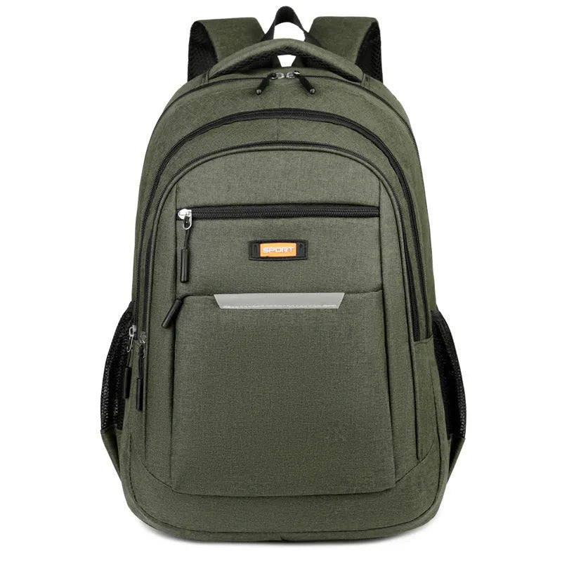 Casual men's Oxford cloth backpack in one of four colours: grey, black, green, or blue.