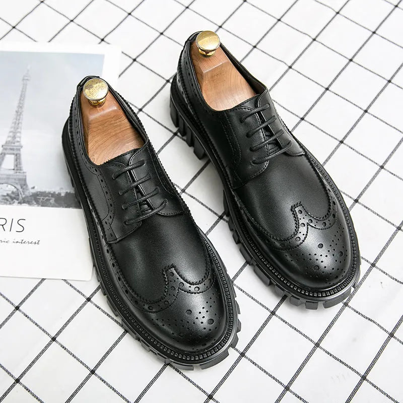 Men's black and brown round toe brogue shoes made from artificial PU leather for business wear.