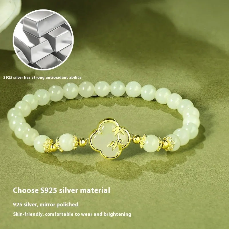 Hetian jade inlaid leaves design bracelet and necklace set in bamboo newspaper tone