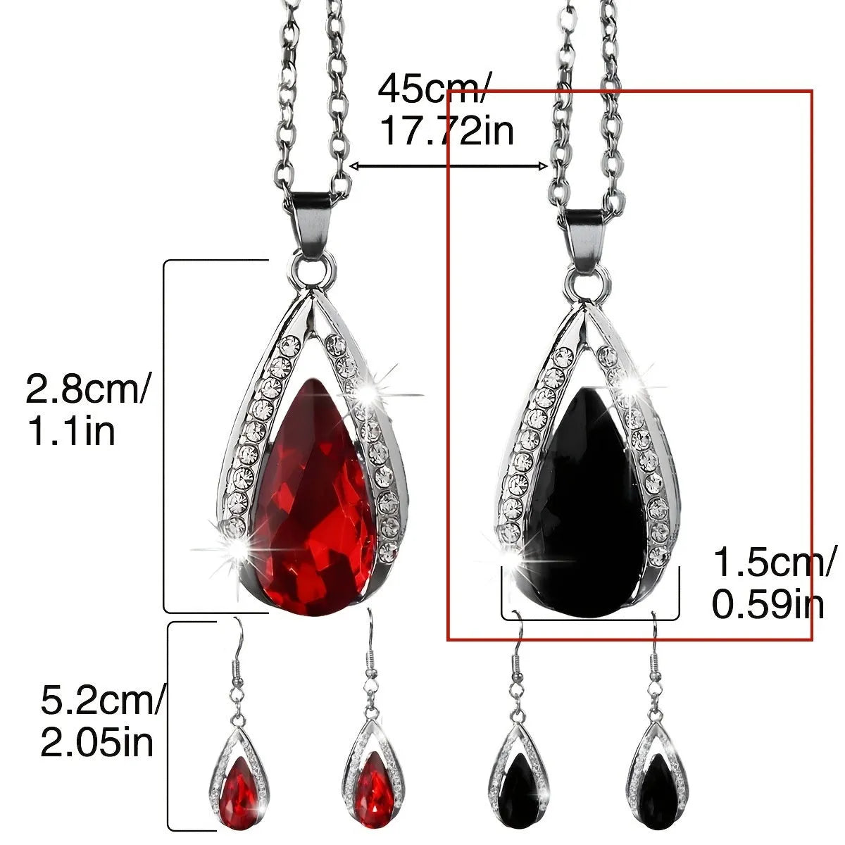 Black and red teardrop glass pendant necklace and matching earrings set on display.