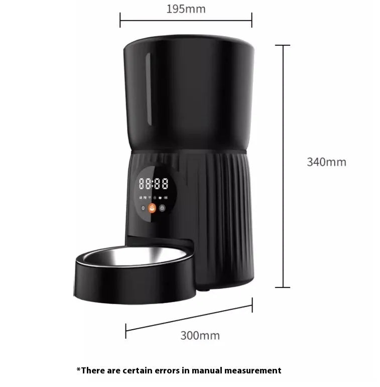 Black and white automatic pet feeder with smartphone app showing feeding schedule