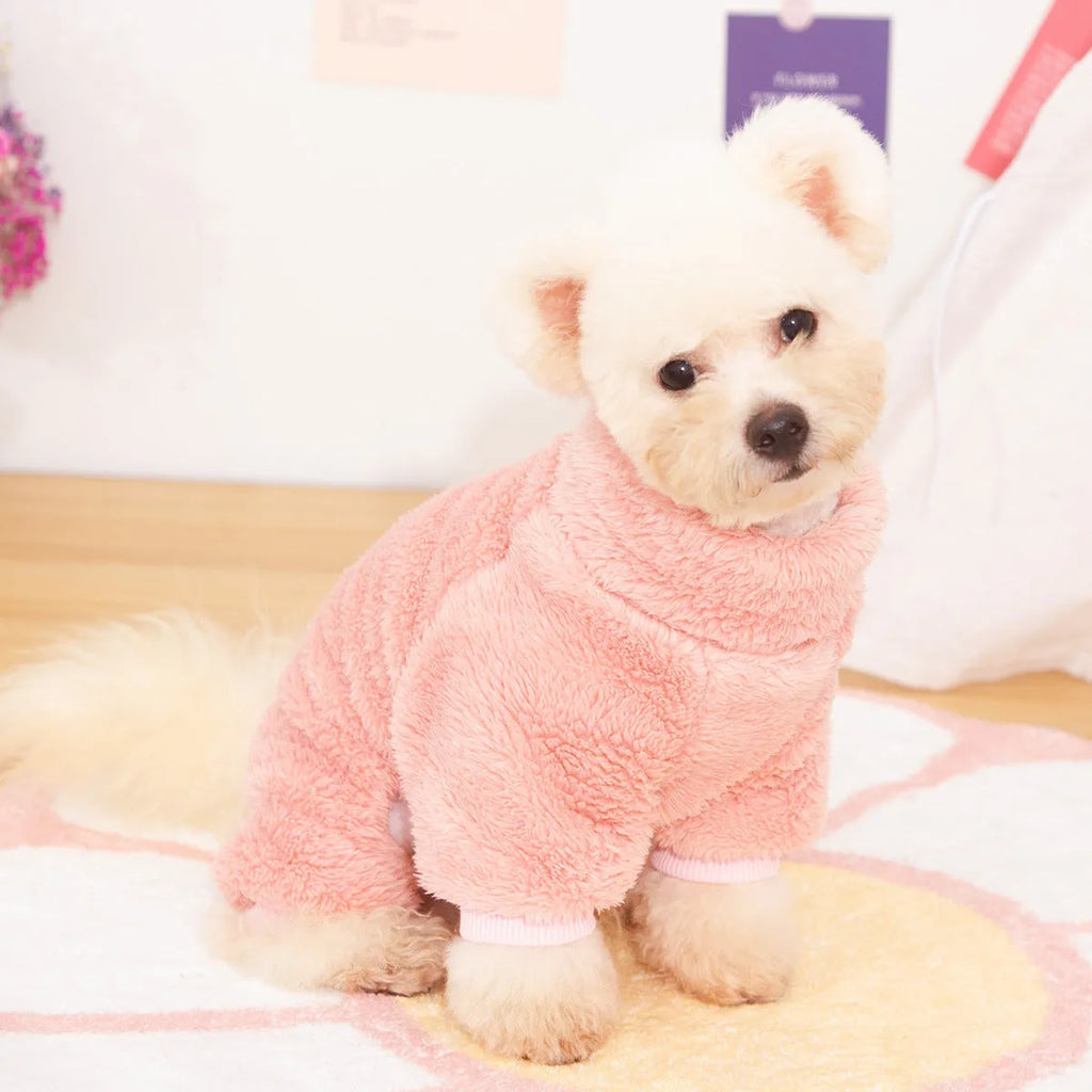 Double-sided plush dog winter clothes with high collar and towing ring in khaki, pink or blue colours