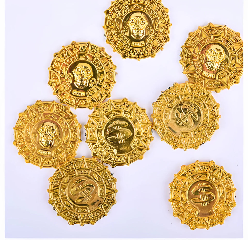 Plastic pirate gold coin toy with pointed tip design measuring 3.6cm diameter