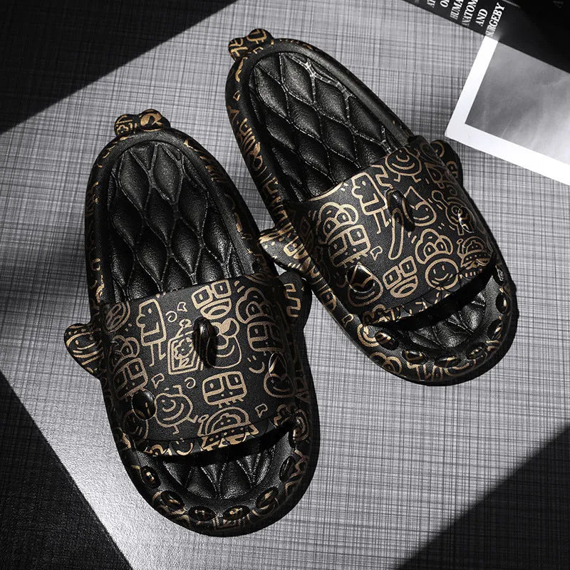 Cute shark couple design open-toe EVA home slippers in beige colour.