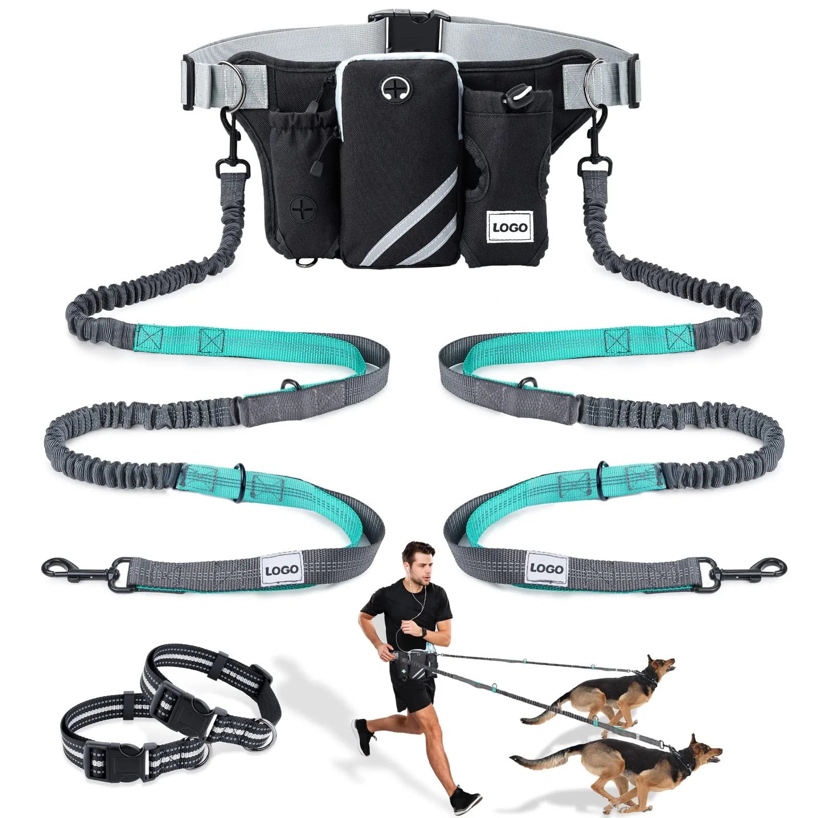 Black nylon waterproof waist bag with integrated dog leash system for outdoor training