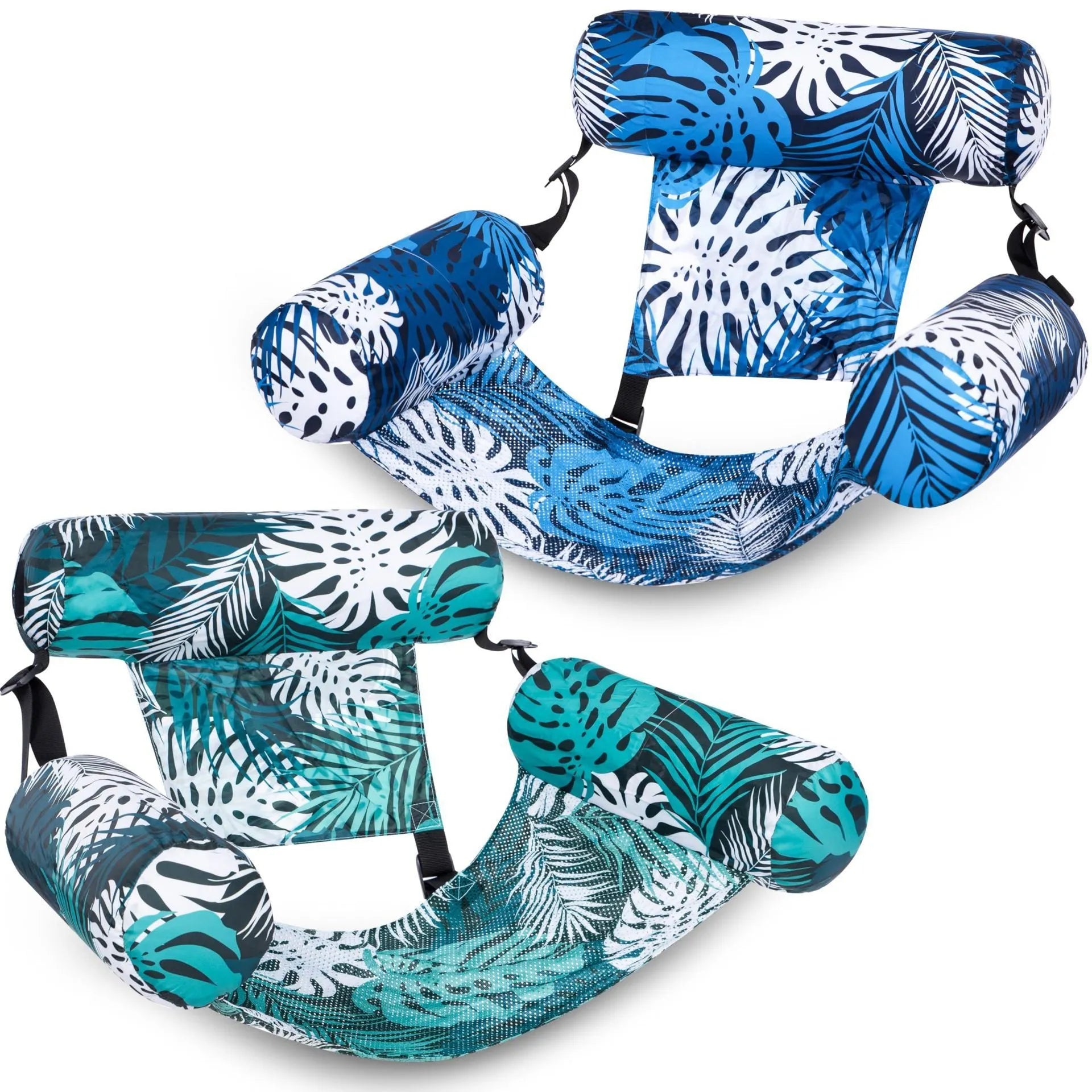 Inflatable floating hammock water chair in blue leaves colour, dimensions 76x35x60cm, made of PVC