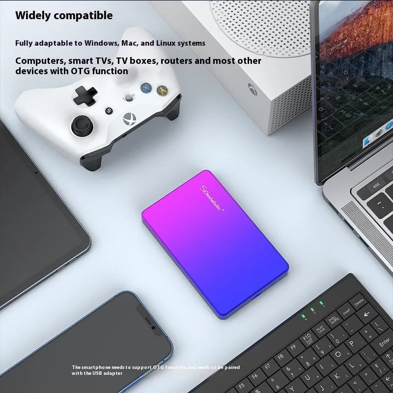 Purple 1TB external mobile hard disk with plastic shell and leather bag packaging on plain background