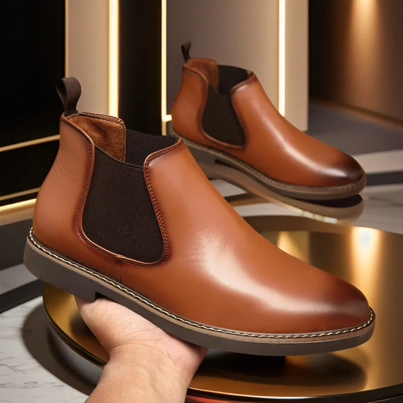 Men's British style leather boots with artificial PU upper and flat square heel in black and yellow colour options
