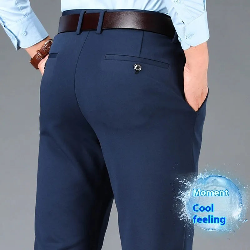 Men's straight-leg suit trousers in plus sizes showing elastic fabric and lining options