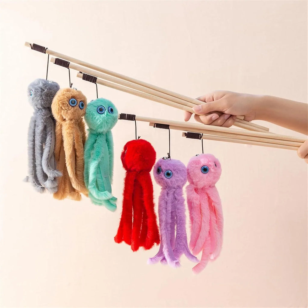Furry octopus cat toy on long stick wand in pink colour option