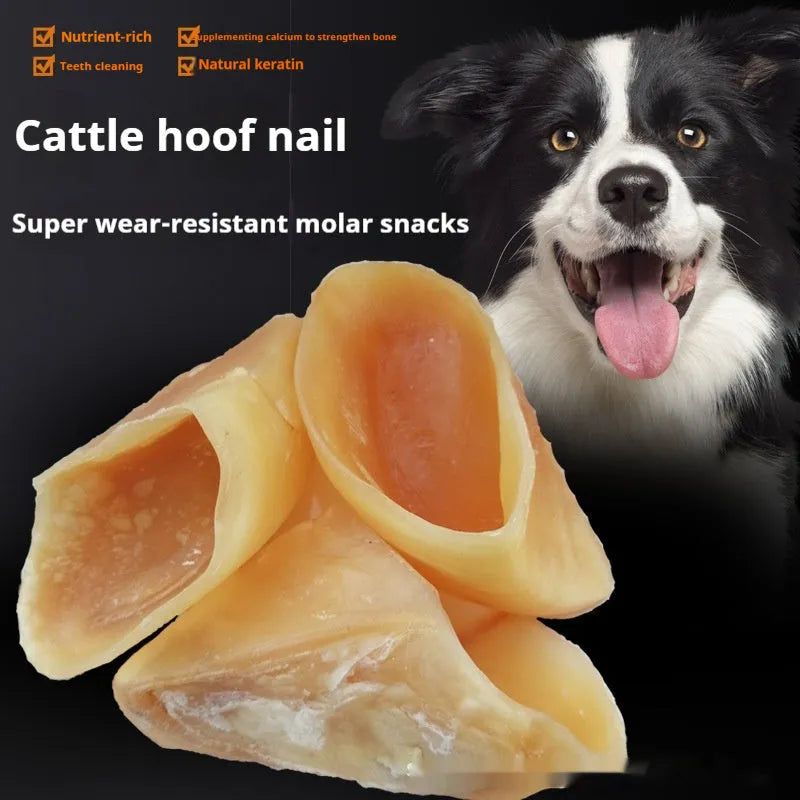 Natural cowhide dog chew with hoof shell texture in small and large sizes for dogs.