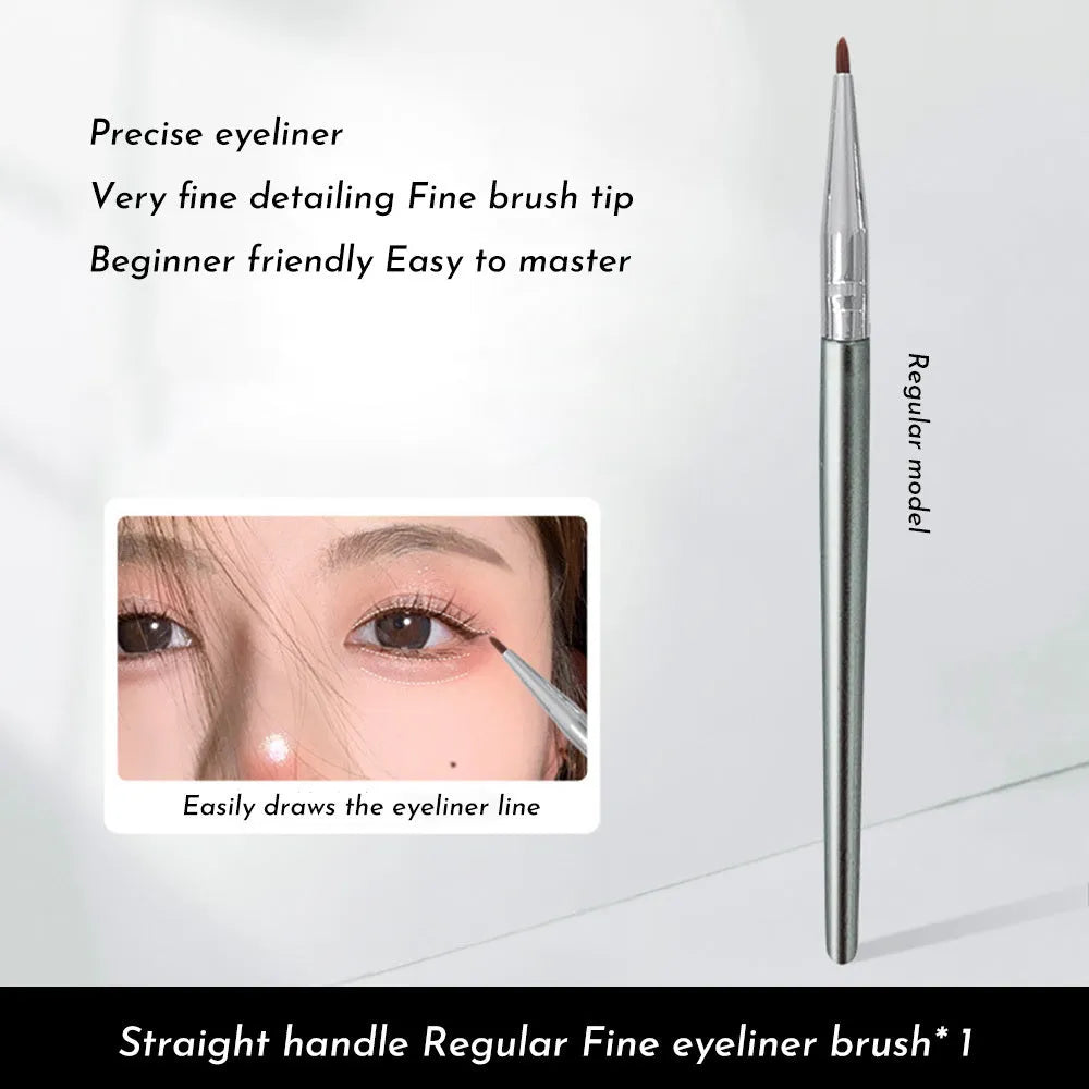 Black bent head eyeliner brush with wooden handle for detail eye makeup application.