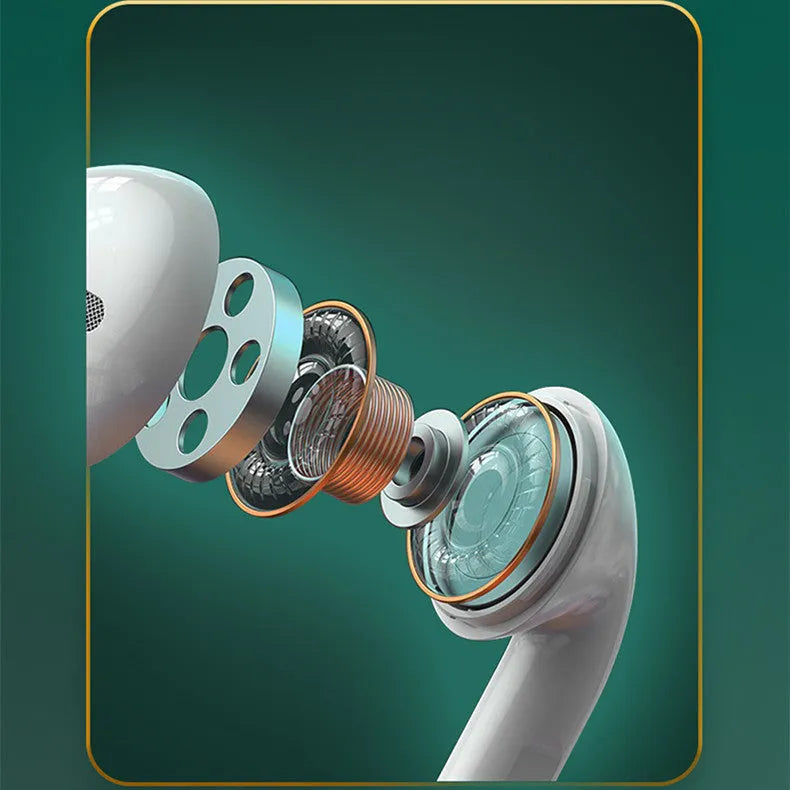 White Wireless Budz5 J6 Bluetooth earbuds with semi-in-ear design and charging case on a plain background.