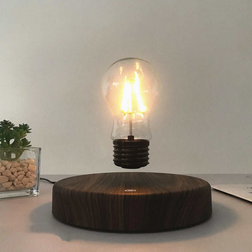 Magnetic levitation bulb night light floating above solid wood colour base with plug adapter options
